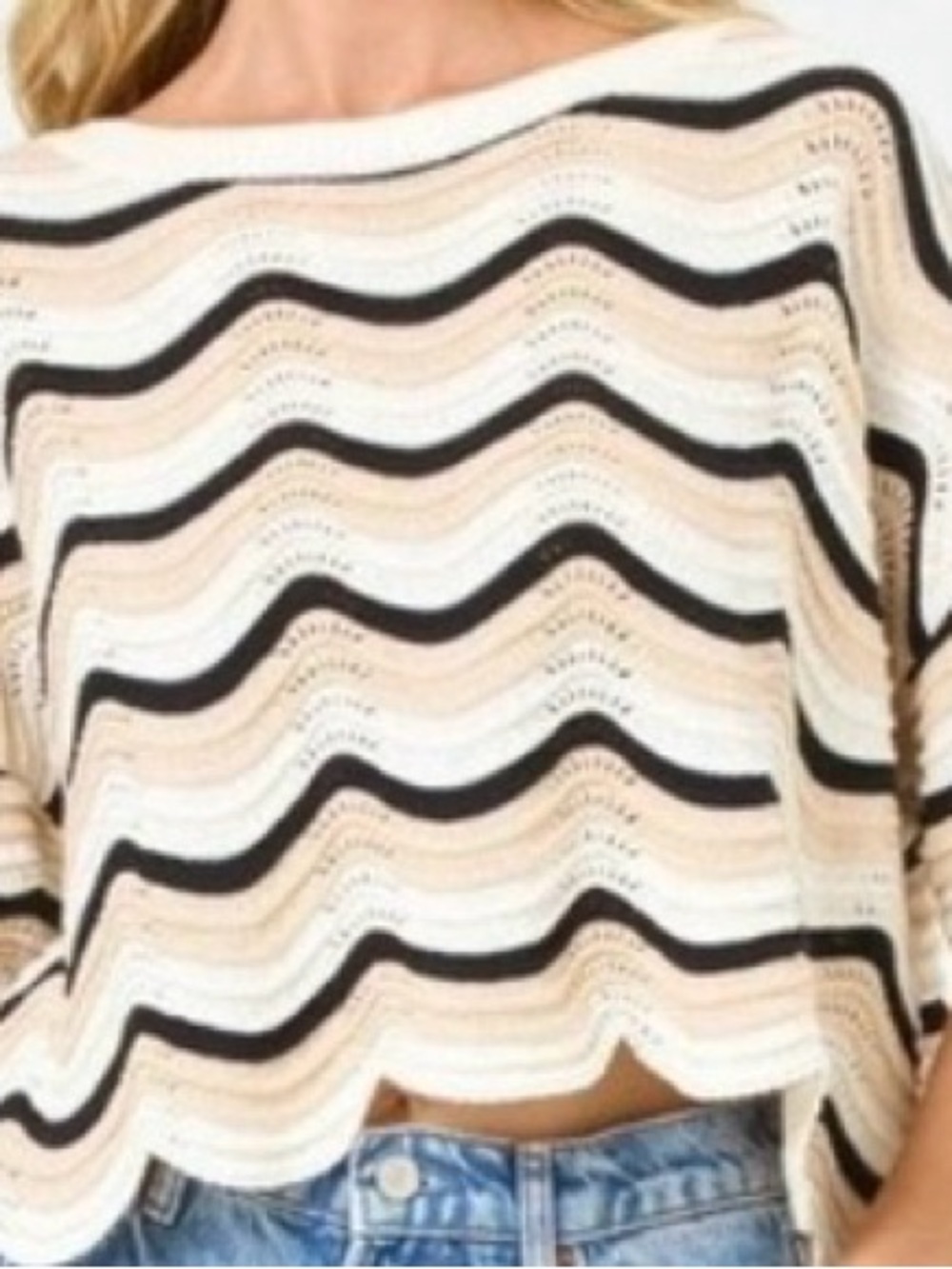 NWT l*space Cream and Black Scalloped Stripe Knit Top size S